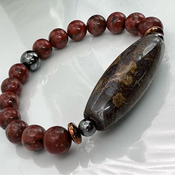 RED JASPER + OCEAN JASPER NATURAL STONES BRACELET size 7” - Picture 9 of 15